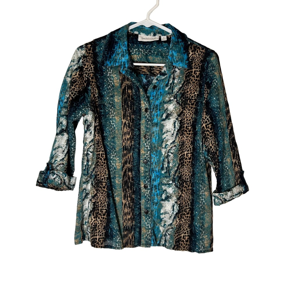 Breckenridge Womens Small Blue‎ Animal Print Button Up Shirt 3/4 Roll Tab Sleeve